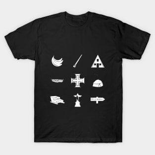 Madeira Island icons: Bananas, Poncha, Santana House, Fishing Boat, Cross, Folklore Hat, Toboggan Ride, Christ the Redeemer and Recommended Walking Route sign (PR) in black & white T-Shirt